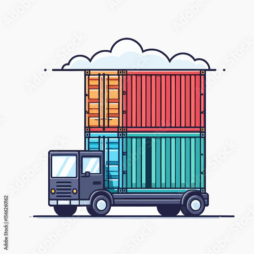 Stylized graphic illustration of a delivery truck carrying stacked shipping containers in various vibrant colors.