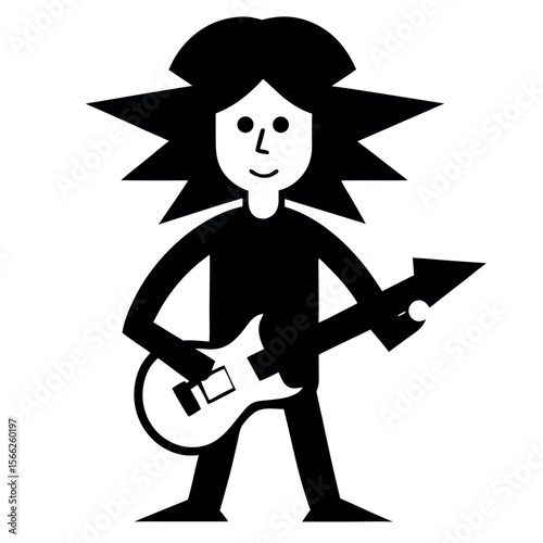 Black and White Cartoon Character with Spiked Hair Playing Electric Guitar Icon