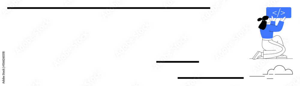 Obraz premium Person kneeling and carrying coding block with cloud in background. Ideal for programming, software development, learning, teamwork, problem-solving, digital transformation, simple landing page