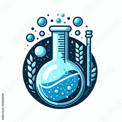 Stylized graphic of a laboratory flask filled with a blue liquid, surrounded by bubbles and abstract elements, suggesting a science-themed design.