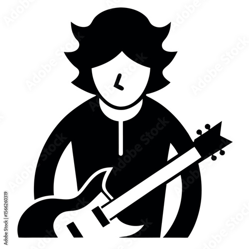 Black and White of a Person with Guitar, Retro Hairstyle and Outfit
