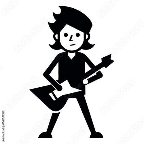 Cartoon Guitarist Black and White Rock Musician Playing Electric Guitar Illustration