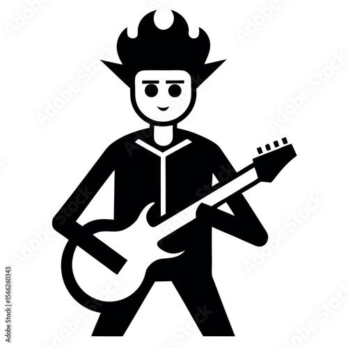Cartoonish Black and White Illustration of a Character with Flame Hair Playing an Electric Guitar
