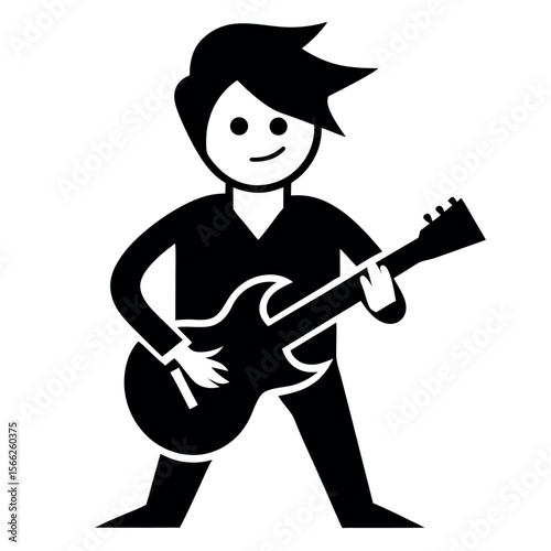 Silhouette Illustration of a Young Man with Modern Hairstyle Playing an Electric Guitar with Energy