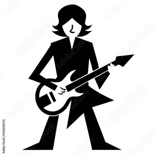 Simple Black of Guitarist Playing Electric Guitar on a White Background