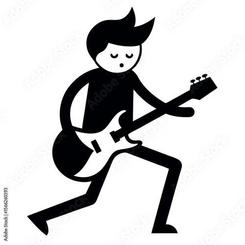 Stick Figure Rock Star Playing Electric Guitar With Passion, Black and White Design