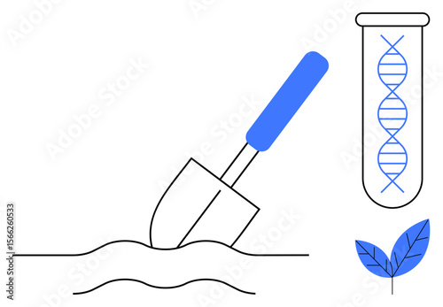 Shovel digging soil, DNA strand in test tube, leaf emphasizing biotechnology and agriculture, genetic science, sustainable farming, research innovation, plant genetics, crop improvement, simple flat