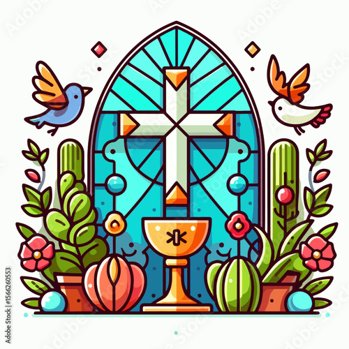 Vibrant, stylized design depicting a cross, chalice, and plants set within a stained glass window frame, featuring birds and flowers, emphasizing a sense of spirituality and peace.