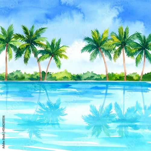 Wallpaper Mural 南国リゾートのプールサイドに揺れるヤシの木の水彩イラスト Torontodigital.ca