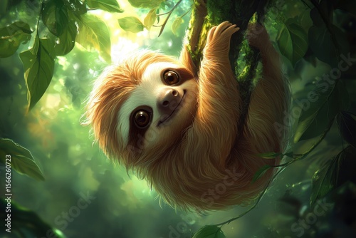 Cute Sloth Hanging from Tree Branch in Enchanting Forest Setting