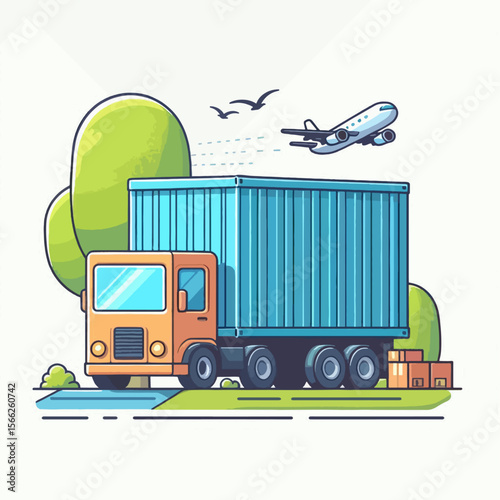 Stylized illustration of a truck carrying a large cargo container, with an airplane in the background, and simple elements like trees and birds.  The design is outlined and colorful.