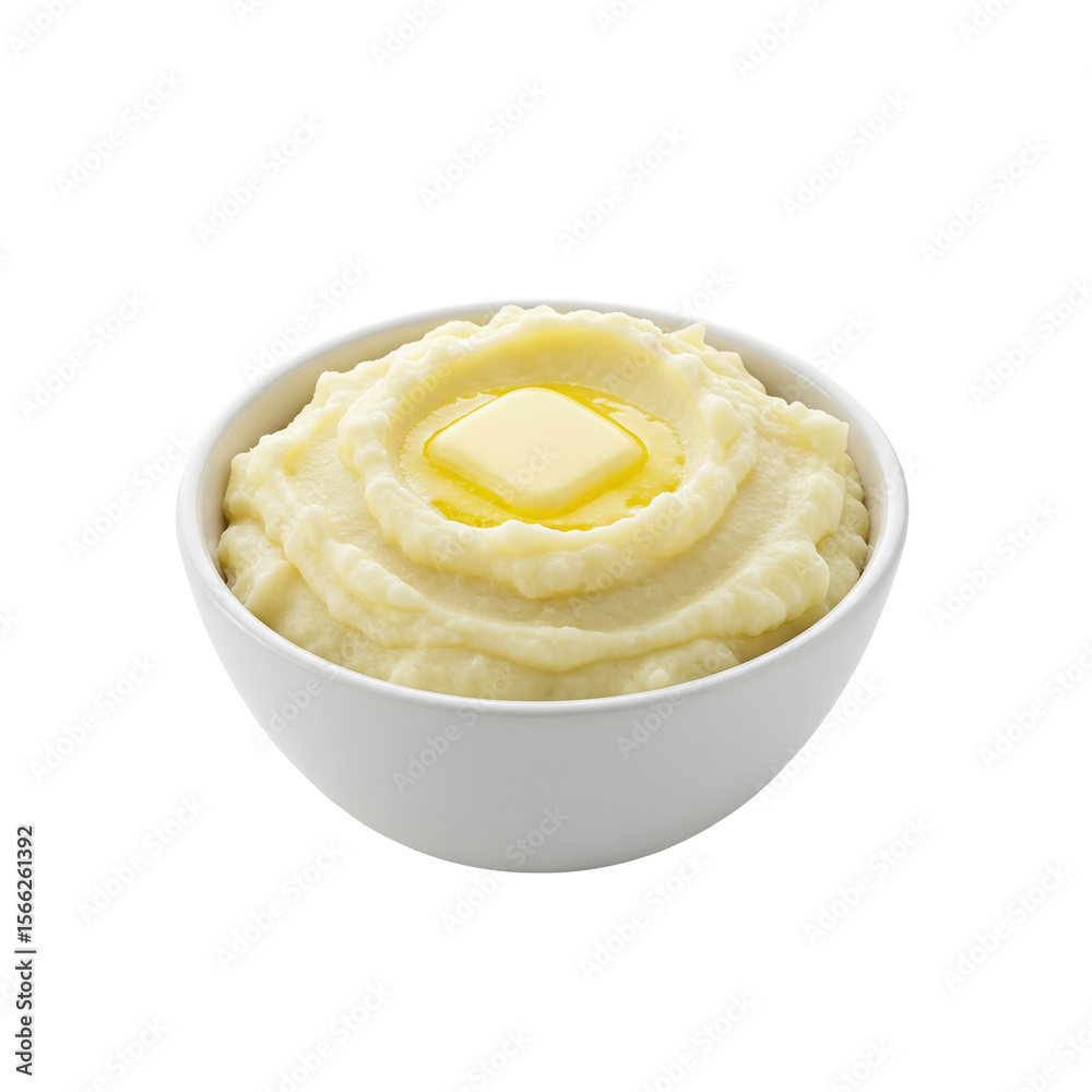 Creamy mashed potatoes in a white bowl with melting butter pat, a classic side Creamy mashed potatoes in a white bowl with melting butter pat, a classic side