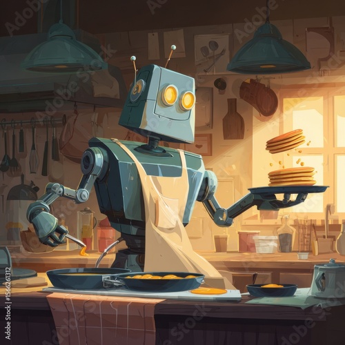 Friendly Robot Chef Preparing Delicious Pancakes in Cozy Kitchen