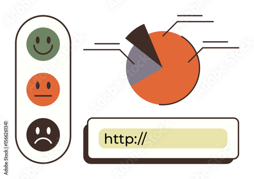 Emoticon scale for user feedback beside a pie chart with segmented data and a URL bar. Ideal for user experience, analytics, surveys, customer interaction, web design, data insights, simple flat