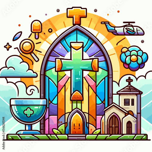 Vibrant illustration of a church facade with stained glass windows, featuring additional colorful decorative elements, creating a joyful, whimsical atmosphere.