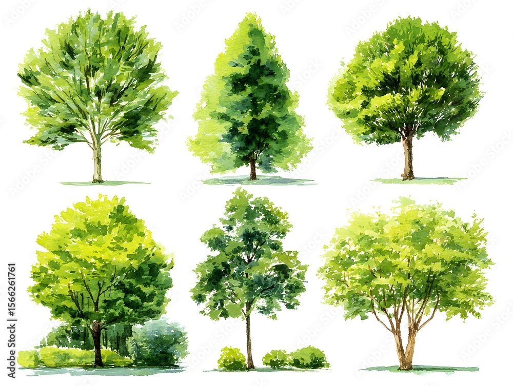 Fototapeta premium Set of watercolor green tree isolated on white background for landscape and architecture drawing, elements for environment and garden, botanical for section in spring