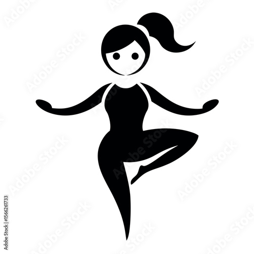 Black Silhouette of Woman in Tree Pose Yoga Position With Ponytail Icon
