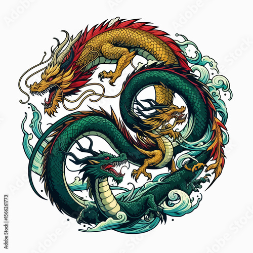 Detailed illustration of two intertwined dragons, with vibrant colors and intricate designs, creating a circular pattern, and evoking a sense of ancient symbolism.