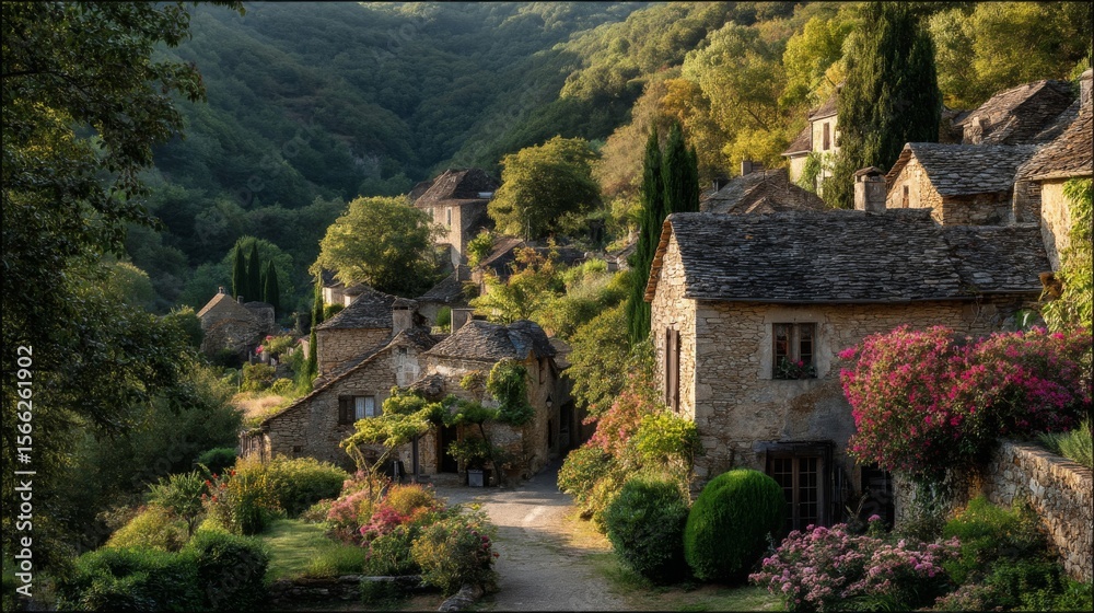 Obraz premium Stone Village nestled in Lush Green Hills