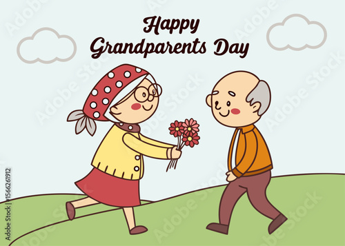 A cartoon illustration celebrating Grandparents Day, featuring a grandmother giving a bouquet of flowers to her grandfather.