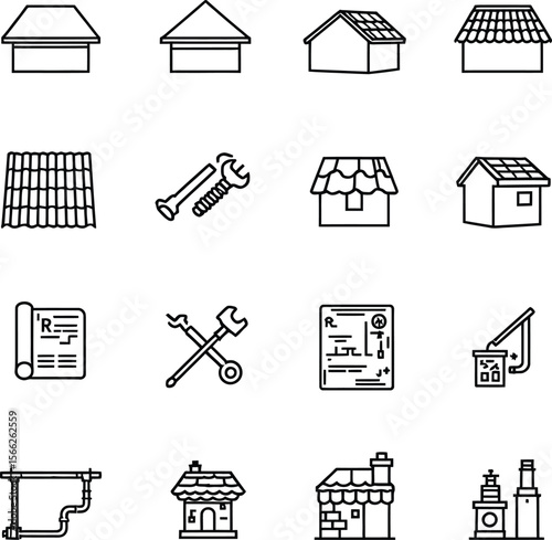 Black-and-White Vector Illustration of Construction & Plumbing Planning Icons – 16-Item Structural Design Grid