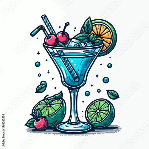 Detailed illustration of a vibrant blue cocktail garnished with colorful fruits and ice.  The style is modern, with bold outlines and colors.