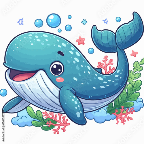 Digitally rendered cartoon whale with a cheerful expression is featured amidst aquatic flora and fauna.  The whale's design is bright and engaging, inviting and playful.