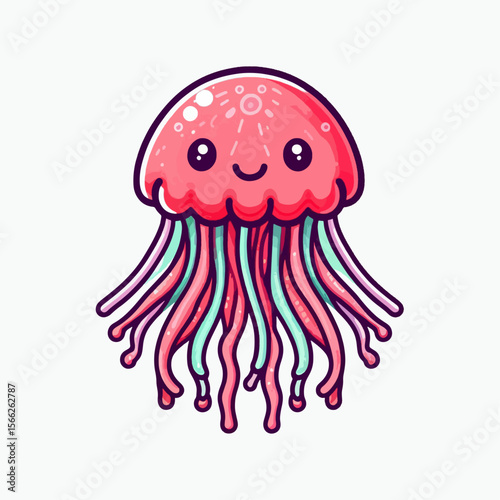 Rosy-pink, cartoonish jellyfish, with a cheerful expression and vibrant colors, displays a whimsical style.