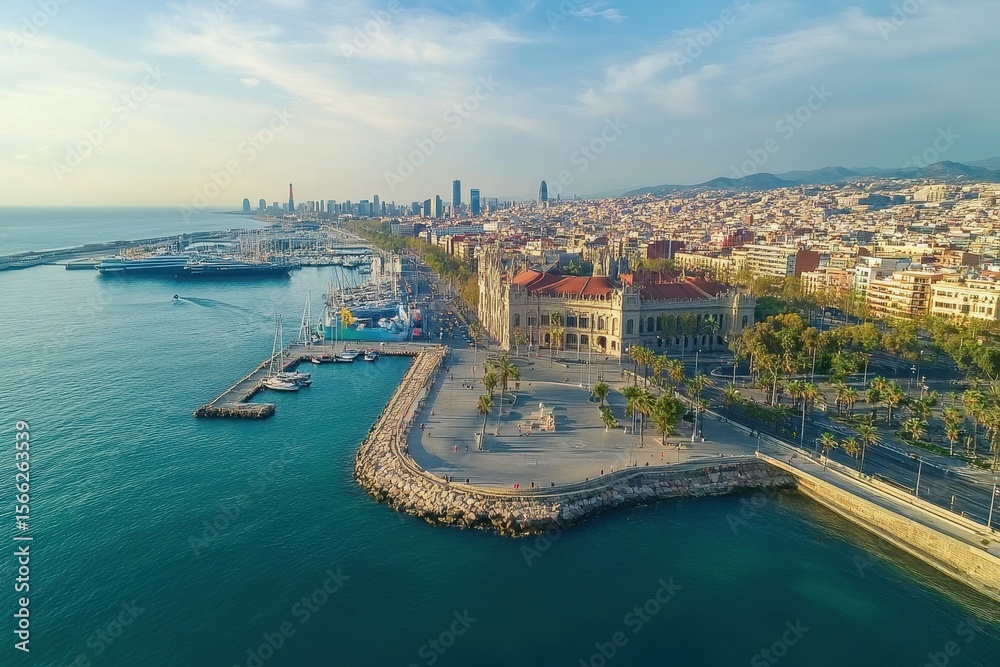 Obraz premium Stunning aerial view of Barcelona showcasing its vibrant cityscape and coastline, barcelona city aerial view, europe city landscape shot by drone