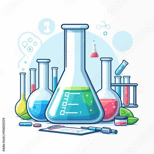 Vibrant graphic design depicting various scientific laboratory glassware and tools.  Different colored liquids fill the containers.
