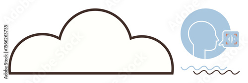 Large cloud outline paired with a speech recognition icon and soundwaves. Ideal for technology, AI, communication, voice control, cloud computing, data, and innovation. Minimalist flat metaphor
