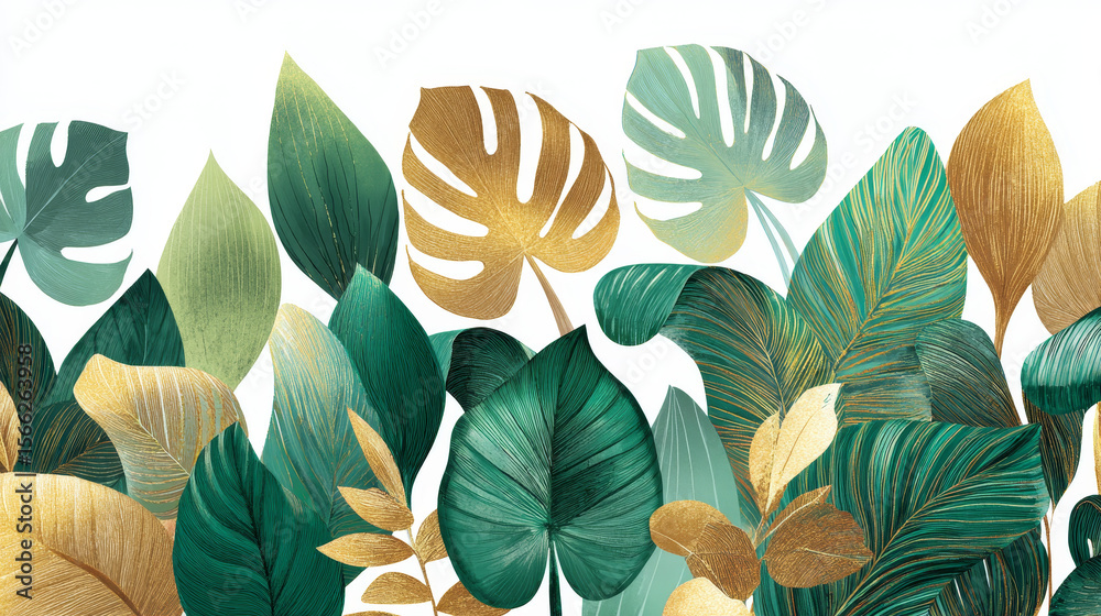 Decorative border design with tropical golden and green leaves rendered in a seamless vector pattern Decorative border design with tropical golden and green leaves rendered in a seamless vector pattern