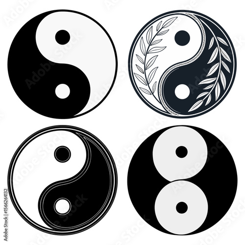 Yin Yang Symbol Vector Set with Leaf and Nature Motifs – Minimalist Black and White Balance Icon Collection