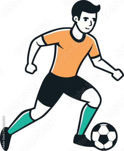 Colorful vector of a soccer player in yellow shirt and green socks dribbling the ball, ideal for sports graphics and children’s books