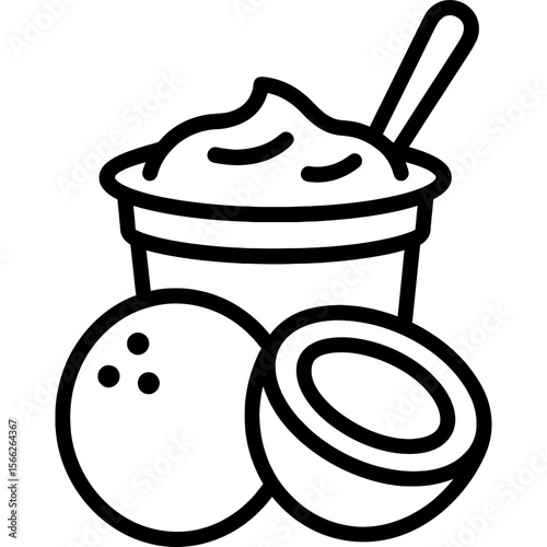 Coconut yogurt cup with spoon and coconut half outline icon vector