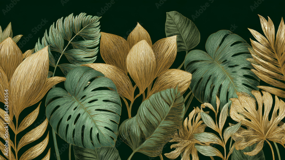 Decorative border design with tropical golden and green leaves rendered in a seamless vector pattern
