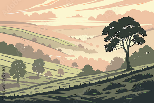 Rolling Hills and Lone Tree at Sunrise landscape nature