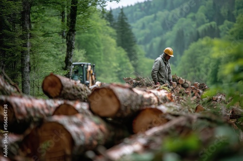 Logger Standing By Stacked Logs in Dense Forest with Heavy Equipment on Overcast Day