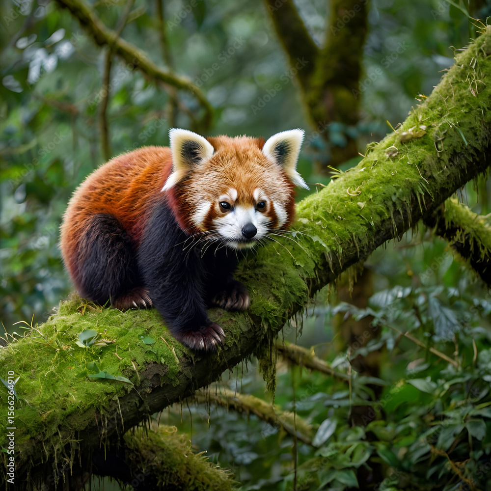 Fototapeta premium Red Panda Nestled on Mossy Tree Limb in a Tranquil Forest Scene