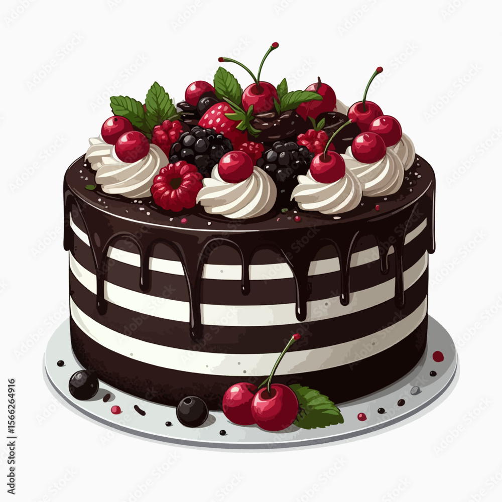 Rich chocolate cake with white layers, drizzled chocolate, and topped with a variety of fresh fruits.  The image is a visually appealing representation of a decadent dessert.