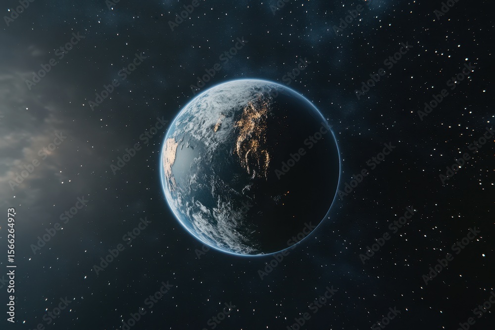 Naklejka premium View of Planet Earth from space illuminated by stars in the cosmic environment, Planet Earth as seen from space With stars background realistic 3d