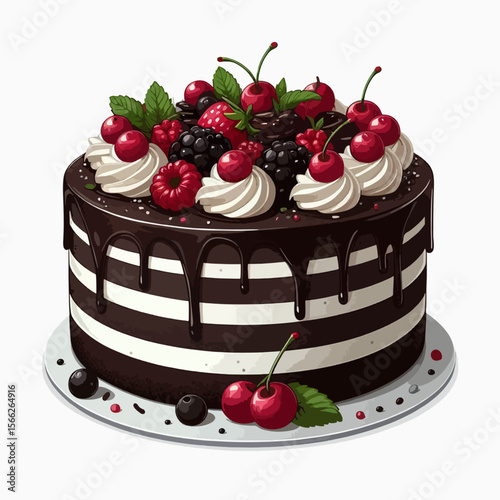 Rich chocolate cake with white layers, drizzled chocolate, and topped with a variety of fresh fruits.  The image is a visually appealing representation of a decadent dessert.
