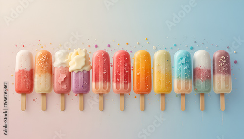 Colorful pastel popsicle lineup with various textures, sprinkles, and whipped cream details on gradient pink to blue background — vibrant summer dessert collection with playful candy explosion.
