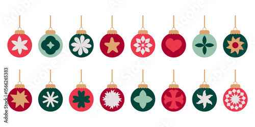 Simple flat style xmas balls ornament clipart collection. Perfect for banner, flyer, label, postcard, sale, sticker, card. Isolated hand drawn vector illustration.
