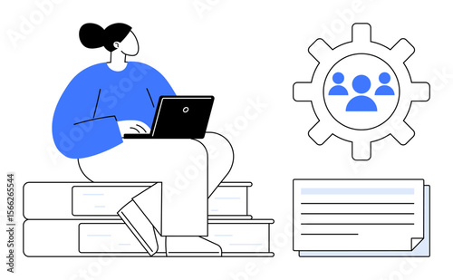 Woman working on a laptop atop stacked books, gear with team icon, and a text document. Ideal for education, teamwork, learning, research, productivity project management collaboration. Simple flat