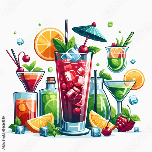 Vibrant graphic illustration showcases multiple types of summer cocktails and fruits, arranged in an attractive composition.