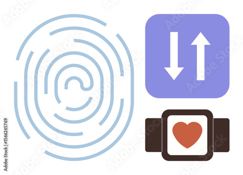 Fingerprint biometrics, data exchange arrows, smartwatch with heart symbol. Ideal for technology, security, health, device integration, connectivity innovation efficiency. Simple flat metaphor