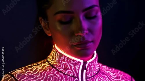 Portrait of a woman in a glowing, futuristic jacket with vibrant neon lights against a dark background