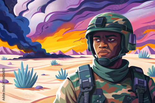 black army soldier in white isolated background ideal for conflict zone illustrations, military game assets, posters, and educational visuals