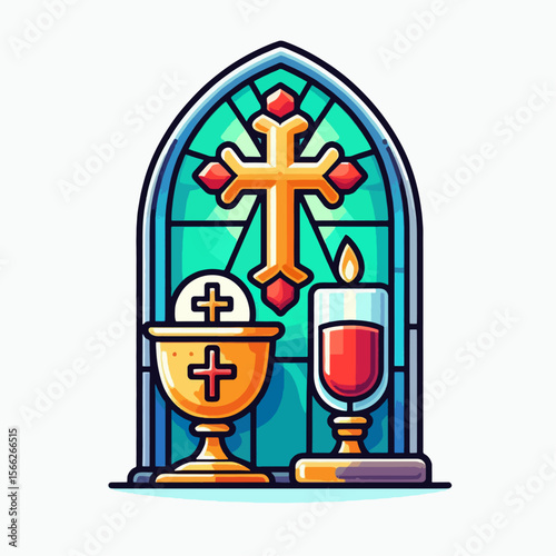Colorful, stylized illustration of a stained glass window scene with a cross, chalice, and candle; likely representing a religious setting.